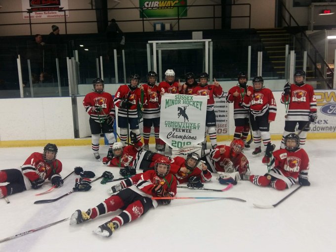 The Hawks celebrating with the banner